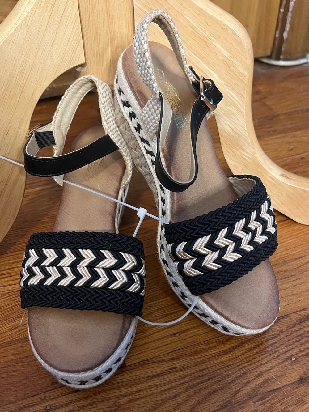 Braided Black and Beige Espadrille Wedge Sandals - Women's